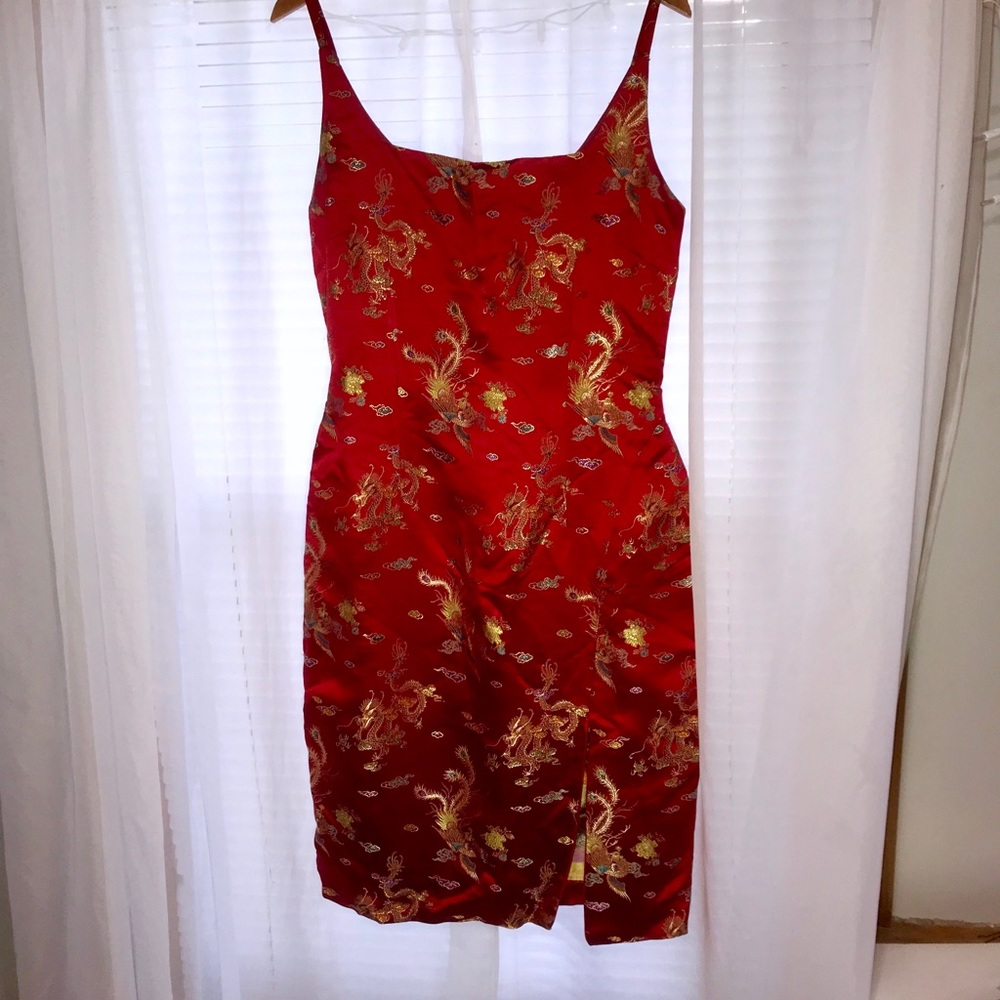 red satin embroidered dress with side slit